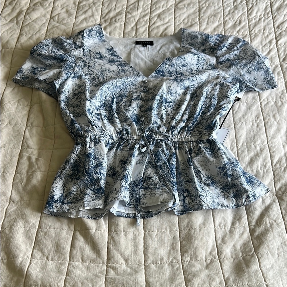 1State Blue and White V-Neck Peplum Tie-Waist Top